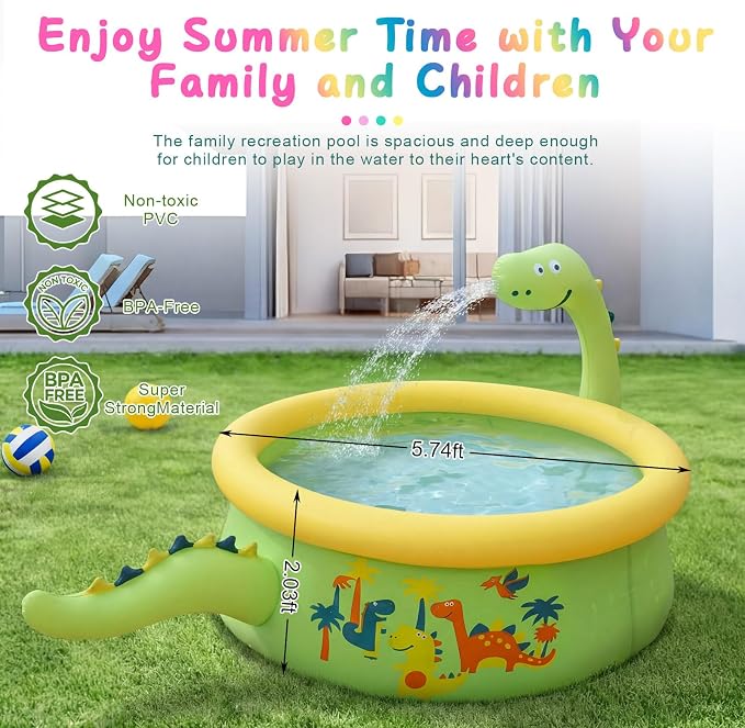 Dinosaur Inflatable Kiddie Pool Splash Pads for Toddlers Kids Splash Pads with Sprinkler Outdoor Blow up Mat Baby Dinosaur Play Swimming Pool for Backyard Garden, 69 x 24 in