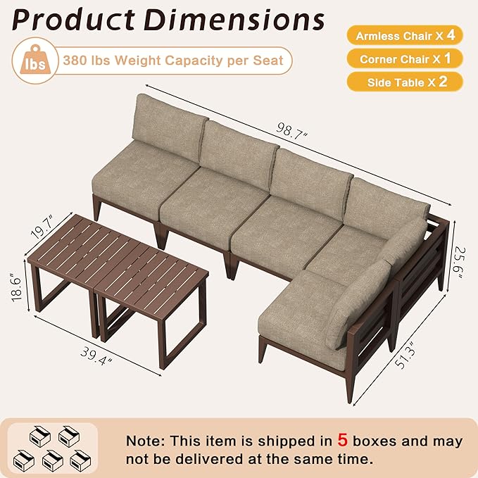 MBY Outdoor Aluminum Patio Furniture Set, 5-Seats Patio Conversation Sofa Set with 1 Corner Sofa and 2 Coffee Tables, All Weather for Pool, Balcony, Garden-Brown