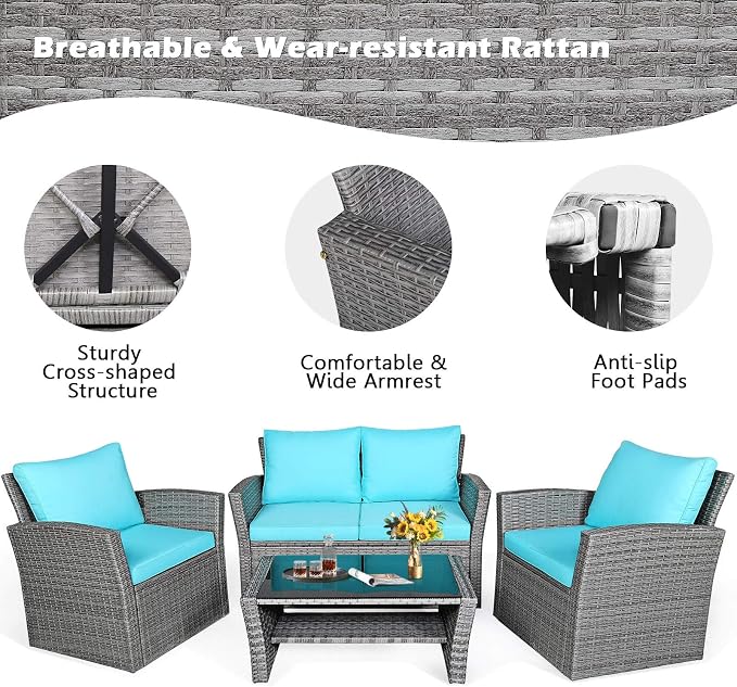 HAPPYGRILL 4-Pieces Patio Rattan Furniture Set Outdoor Conversation Set with Cushions and Coffee Table, Sectional Wicker Sofa Set for Garden Porch Balcony Poolside