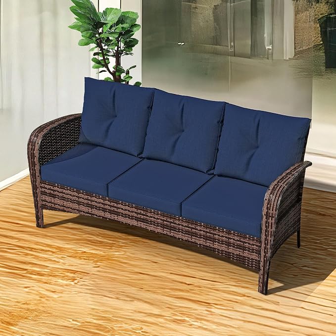 73" Patio 3-seat Sofa, Wicker Rattan Couch, Steel Frame Deep Seat Loveseat, Outdoor Conversation Furniture with Removable Cushions for Garden, Yard, Porch (Navy Blue)