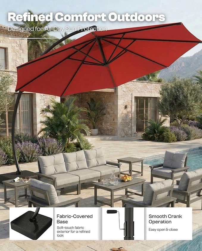 11 FT Cantilever Umbrella with Base Included, Large Round 360° Rotation Offset Umbrella Outdoor Patio, Heavy Duty Aluminum Frame, Sand-Weighted Stand, for Deck, Backyard, Pool, Garden (Red)
