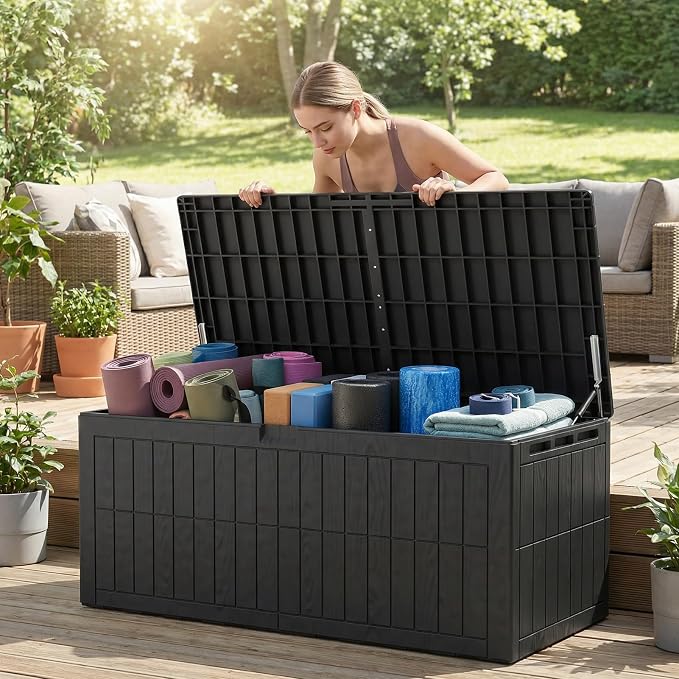 MAVIS LAVEN Outdoor Storage Box, Large Deck Box with Lockable Lid and Double Wall Construction, for Patio Furniture Garden Tools Pool Accessories