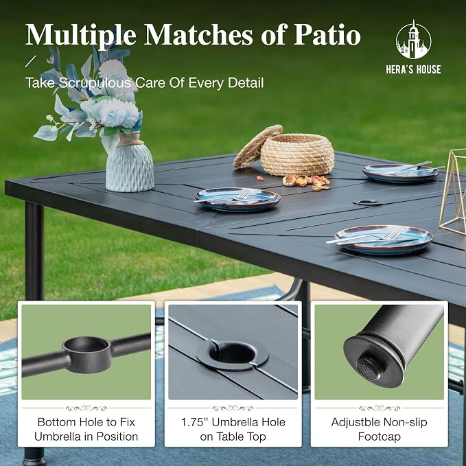 HERA'S HOUSE 7-Piece Patio Dining Set, 6 x Outdoor Rattan Armchair with Removable Soft Cushions and 1 x Rectangular Metal Dining Table, All-Weather Resisitant, Suitable for Lawn, Garden, Backyard