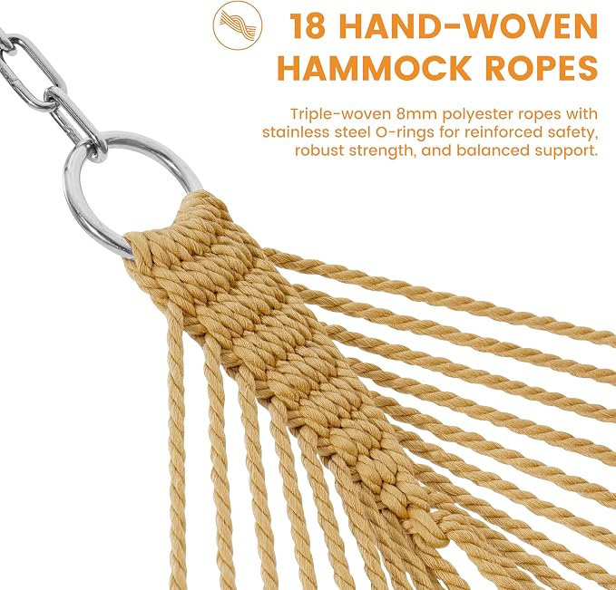 Lazy Daze Hammocks 2 Person Caribbean Rope Hammock with Wood Stand, 10.5FT Polyester Hammock with Spreader Bars, 13FT Heavy Duty Stand Combo, 450 LBS Capacity for Outdoor Backyard Garden Poolside, Tan