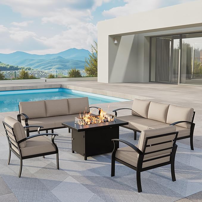 ALAULM Aluminum Patio Furniture Set with Propane Fire Pit Table 8-seat Metal Outdoor Furniture w/Fire Pit Patio Conversation Set w/5.1" Cushions for Patio, Backyard, Poolside-Sand