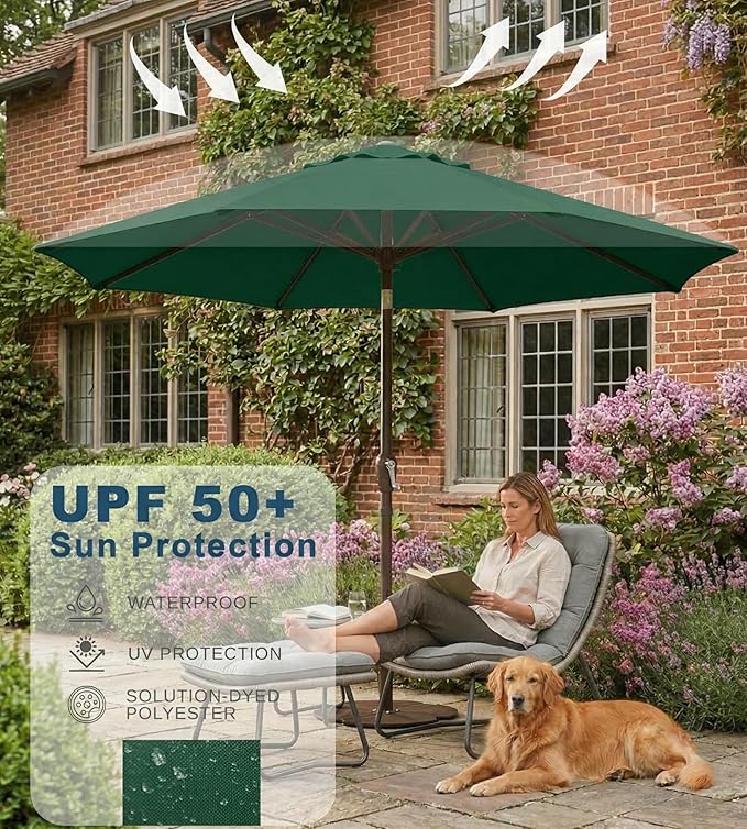 PatioKingdom 9FT Patio Outdoor Umbrella-UPF 50+ Sun Shade with Wind Vent, Push-Button Tilt & Smooth Crank Lift, Rust-Resistant Fiberglass Frame for Garden, Backyard,Yard (Dark Green)