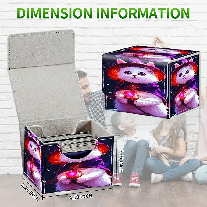 Card Deck Box for MTG, Cards Storage Box Fits 120+ Sleeved, Leather Small Size Strong Magnetic Closing Card Case for Board Games Magic TCG CCG Baseball Collection, Purple White Cat
