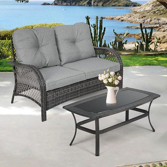 Athena Collection Outdoor Furniture Set Patio Loveseat and Table Set of 2, PE Rattan Sofa Conversation Set Double Chair Match Thickened Cushion and Coffee Table for Garden Porch Yard, Gray