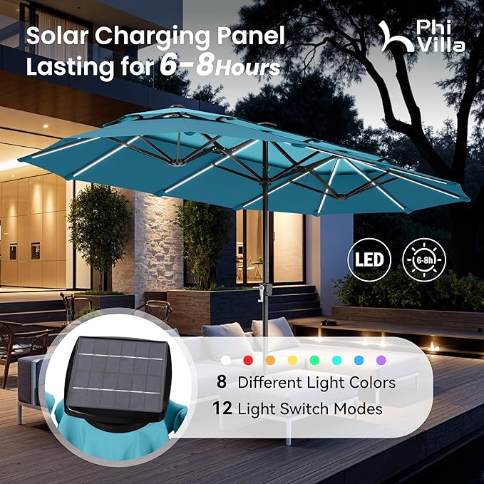 PHI VILLA 13ft Patio Umbrella with 120 PCS Solar-Powered LED Color-Changing Lights, 2-Tier Double-Sided Large Rectanglular Umbrella with Base Included, Blue&Cerulean
