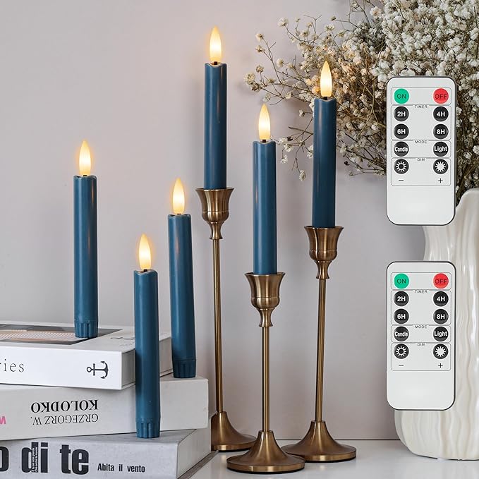 Blue Flameless Taper Candles with Remote, Short Battery Operated LED Candles, 6.4inch Flickering Flameless Candlesticks for Table Centerpiece, Wedding, Mantel, Window Decor, Set of 6