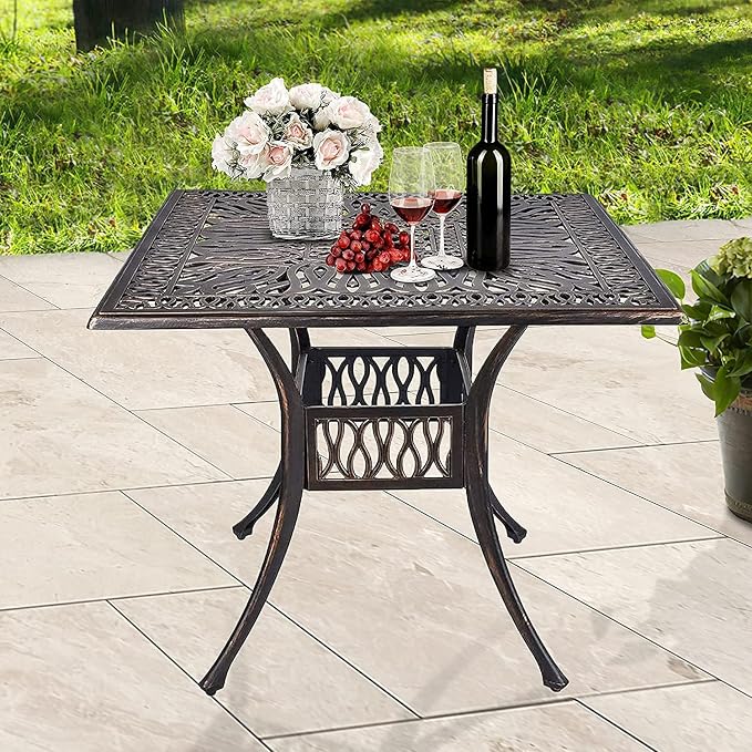 35.4" Square Patio Dinning Table, Outdoor Weather Resistant Cast Aluminum Conversation Table with 2.2" Umbrella Hole, Bronze