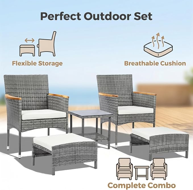 5Pcs Patio Furniture Sets Rattan Patio Chair Set of 5 Outdoor with Coffee Glass Table & Ottoman for Yard Backyard Lawn Porch Poolside Balcony (Grey)