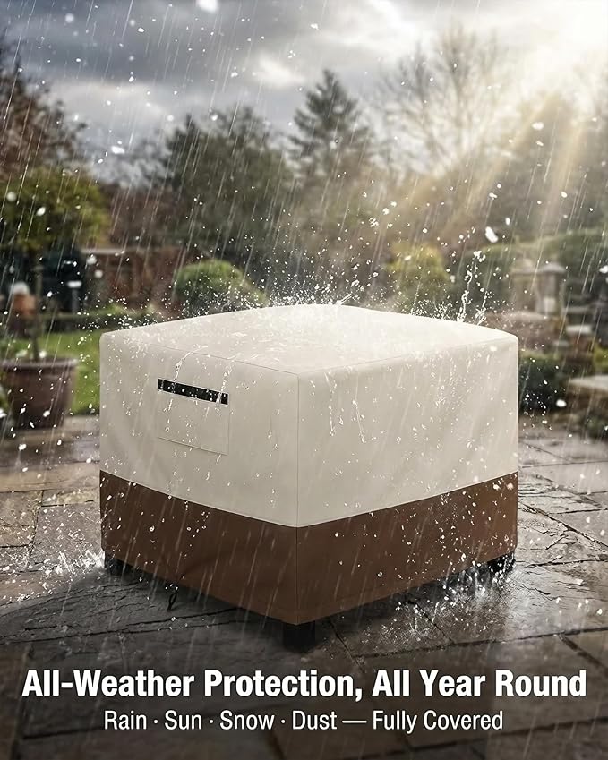 Waterproof Patio Ottoman Cover, Square Outdoor Side Table Furniture Cover with Padded Handles, 600D Heavy Duty Windproof All-Weather Patio Furniture Cover,UV Resistant, 22 x 22 x 18 Inch, Beige&Brown