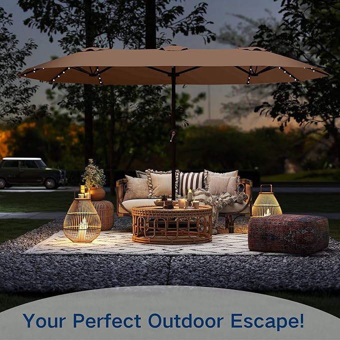 Large Patio Umbrella with Solar Lights and Base, Double-Sided Outdoor Rectangle Umbrella with 48 LED Lights, Market Table Umbrellas with UV Resistant Canopy