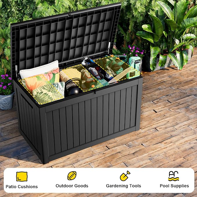 DRATO 280 Gallon Outdoor Storage Box Waterproof, Resin Large Deck Box for Patio Furniture Bench, Pool Garden Tools, Weatherproof Outside Storage Bin for Backyard Porch (Black, 280 Gallon)