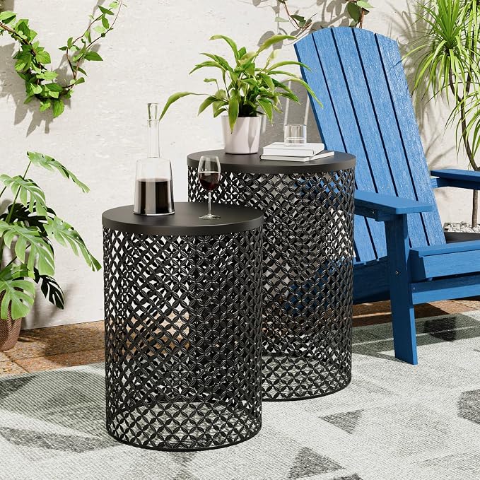 ChicFurnit Outdoor Side Table Set of 2, Cylindrical Metal Frame End Table, Decorative Garden Stool for Indoor Outdoor, Accent Garden Table Modern Nesting End Table for Patio Balconies, Cafes, Black