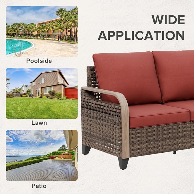 COOS BAY Modern Wicker Outdoor Furniture Set, 3 Piece Patio Conversation Set with a Loveseat and 2 Ottomans, 3 Piece, Brown/Red