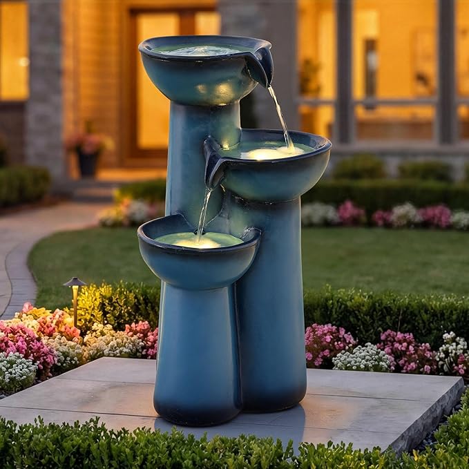 27" Outdoor Water Fountain with LED Lights, 3-Tier Cascading Faux Ceramic Column Water Feature with Pump for Garden Patio Backyard, Weather-Resistant Resin Waterfall for Serene Oasis, Blue