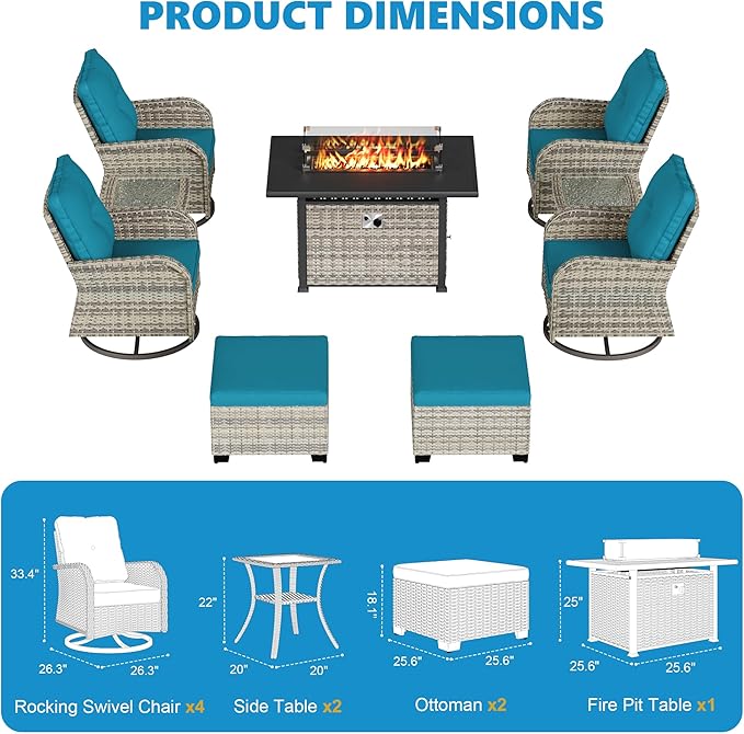 9-Piece Small Patio Furniture Set, Outdoor Swivel Rocking Chairs Set with 55,000 BTU Fire Pit Table Wicker Chairs and Ottomans, Patio Bistro Set for Balcony, Deck, Porch, Lake Blue