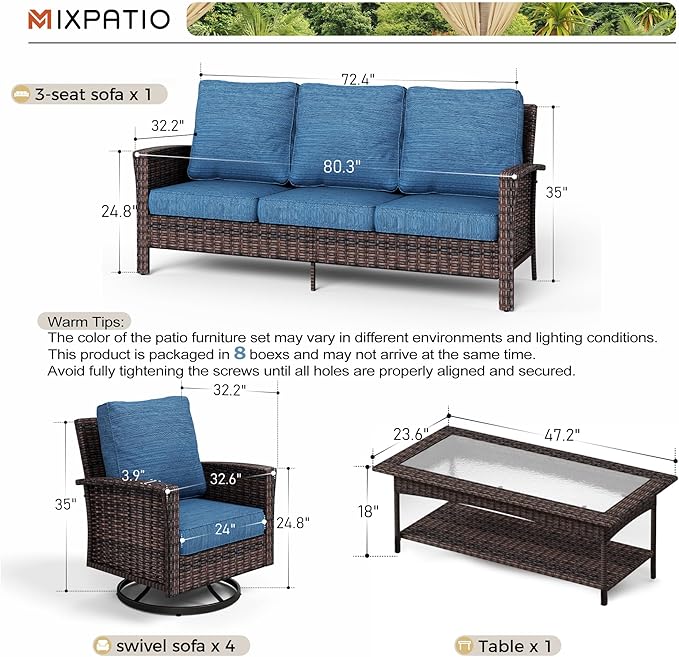 6-Piece Wicker Patio Furniture Set with Swivel Chairs, High Back Outdoor Sofa with 5.5-inch Thick Cushion, All-Weather Wicker Patio Conversation Set for Deck Yard Pool, Navy Blue