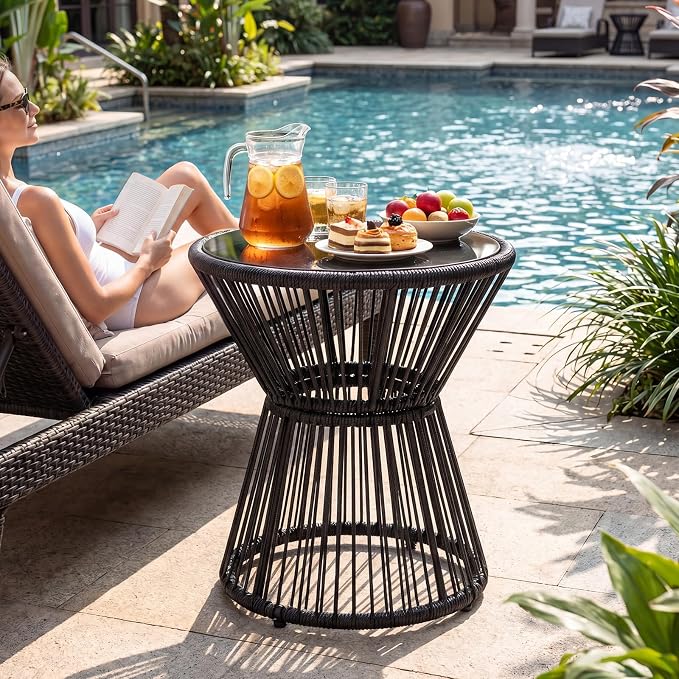 Tangkula Outdoor Side Table with LED Warm Light, PE Rattan Hourglass-Shaped End Table with Tempered Glass Top, Battery Operated Accent Coffee Table for Patio, Porch, Balcony & Living Room (1)
