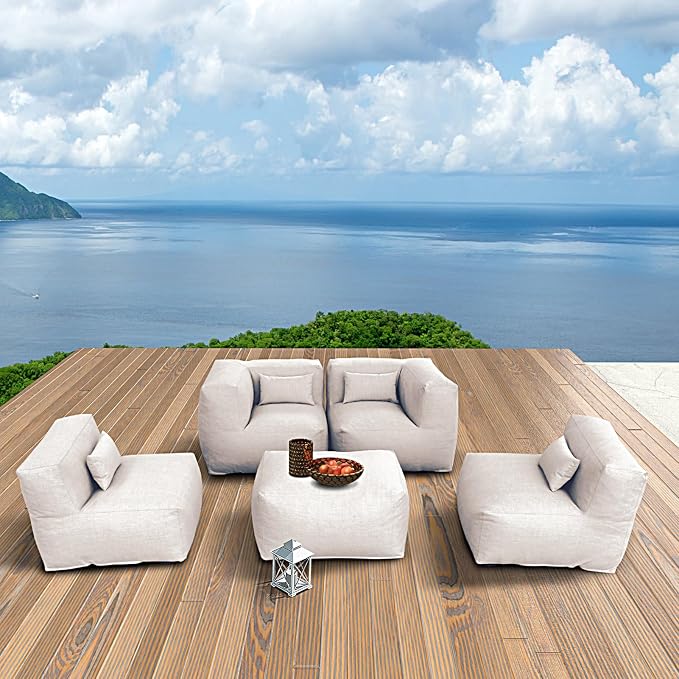 ANNYH Modern Calaluna 5Pc OUTDOOR Furniture Sectional Conversation Set- COMBINATION of 2Middle 2Corner 1Ottoman/Coffee-Expansion Foam Filling chairs-A UNIQUE Modular Contemporary Sofa (Light Beige)