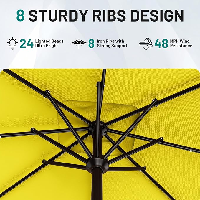 AreShark 8' X 10' Rectangular Patio Umbrella with Solar Lights, Lighted Solar Umbrella with Crank, Outdoor Table Umbrella for Garden, Deck, Backyard, Pool and Beach, Yellow