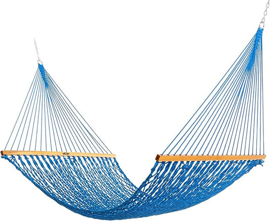 Original Pawleys Island Large Coatal Blue DuraCord Rope Hammock – 13 ft. x 55 in., 2-Person, 450 lb Capacity, Oak Spreader Bar, Zinc-Plated Hardware, Handcrafted in the USA
