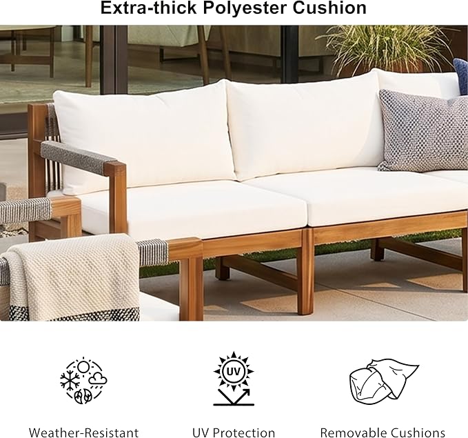 GDFStudio 3 Piece Patio Furniture Set, Acacia Wood Outdoor Sofa Set with Cushions, Rope Woven Conversation Set, 3 Seat Couch & 2 Chairs for Backyard Patio Deck Porch Garden Poolside, Beige