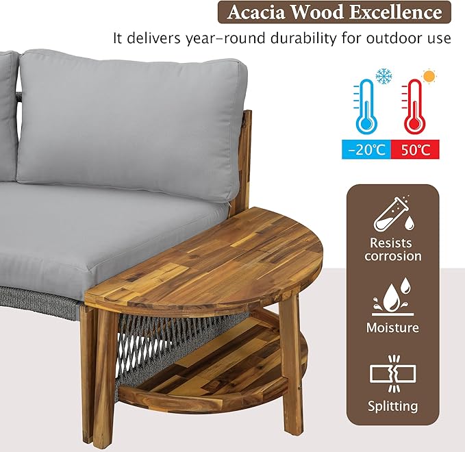 3-Piece Outdoor Patio Furniture Sectional Sofa Set, 2 Semi-Circle Sofas with Coffee Table, All-Weather Acacia Wood Conversation Set with Cushions for Garden Backyard Balcony, Freely Combined