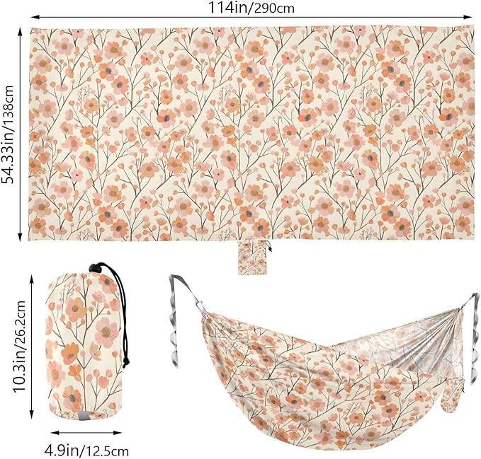 Camping Hammock Outdoor Hammocks for Outside Apricot Floral Beach Trees Portable Lightweight with Pockets Tree Straps Indoor