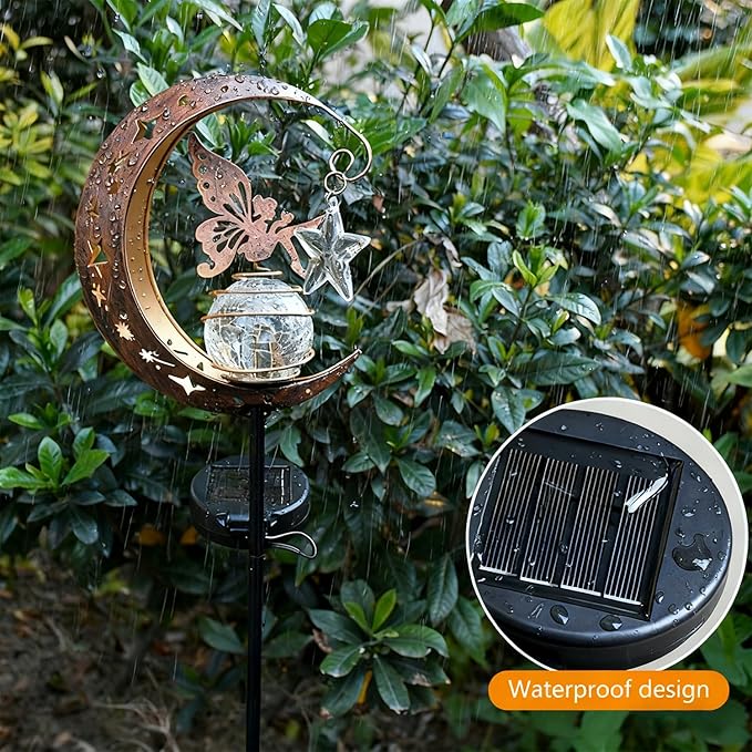 Garden Decorations Solar Light Outdoor-Moon Elf Lights with Crackle Glass Globe, Decoration for Pathway Lawn Patio Courtyard Backyard.(Moon Elf)