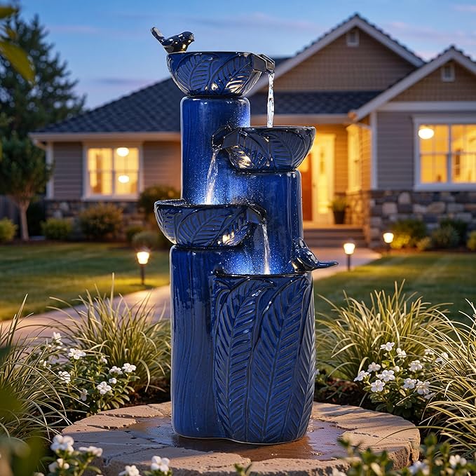 33" H Ceramic Outdoor Water Fountain with LED Lights, 4-Tier Bowl Water Feature with Birds, Cobalt Blue Glaze, Embossed Leaf Pattern, Cascading Waterfall for Tranquil Garden, Patio, or Porch