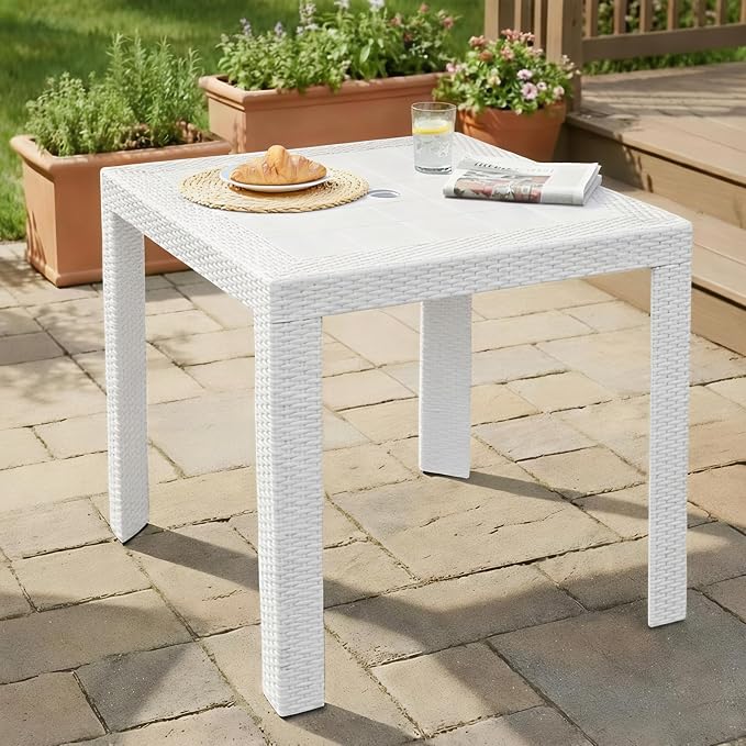 LeisureMod Mace Modern Weave Design Outdoor Patio Square Dining Table (White)