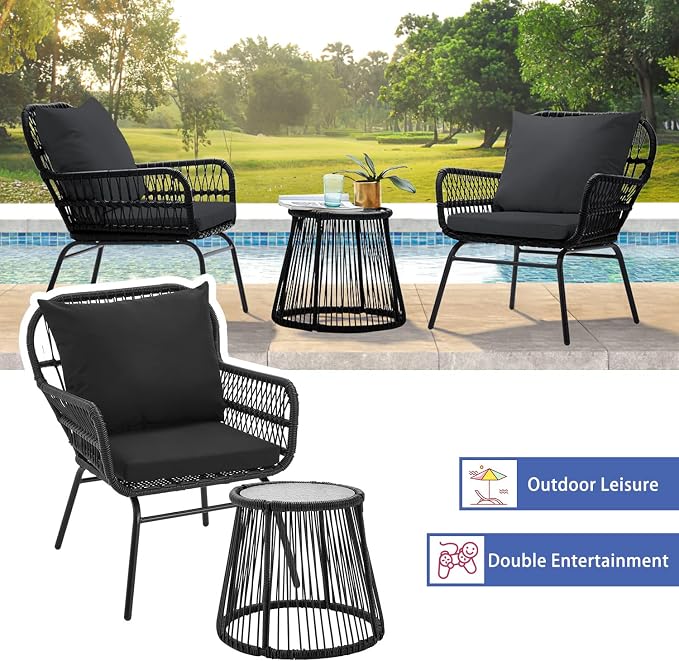 EROMMY 3-Piece Patio Conversation Bistro Set, Outdoor All-Weather Wicker Balcony Furniture with Tempered Glass Top Table & 2 Wide Ergonomic Armchairs, Seat Cushions for Porch Backyard, Black