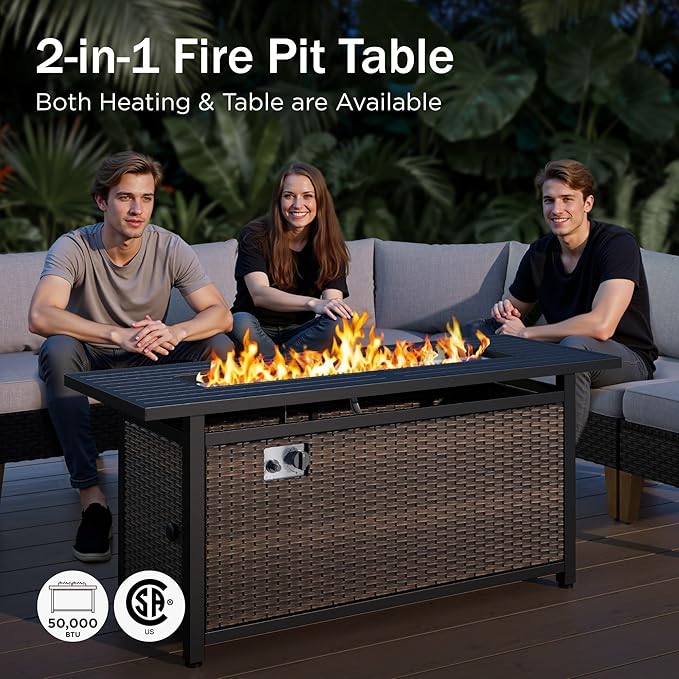 PHI VILLA 8-Piece Outdoor Patio Conversation Set with 56" Fire Pit Table, Outdoor Rattan Furniture Patio Set for 7 Seats with Cushioned 3 x Armrest Chair, 2 x Ottoman and 2 x Armless Sofa, Beige