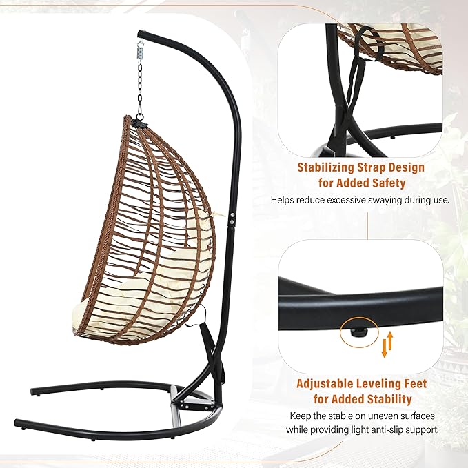 Folding Egg Chair, Outdoor Hanging Hammock Chair with Stand, Patio Wicker Hanging Chair with Iron Frame and Plush Cushion & Removable Headrest for Bedroom, Balcony, Garden (BrownBeige-A)