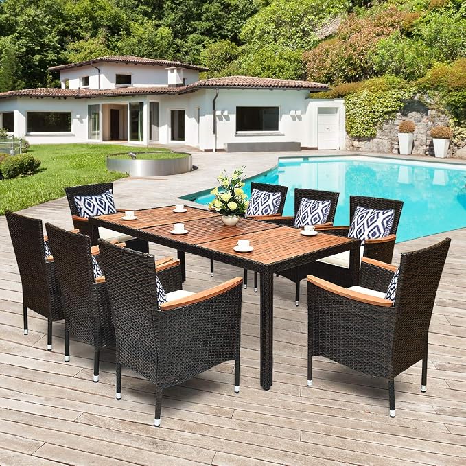 Tangkula 9 Piece Outdoor Dining Set, Garden Patio Wicker Set w/Cushions, Furniture with Acacia Wood Table and Stackable Armrest Chairs