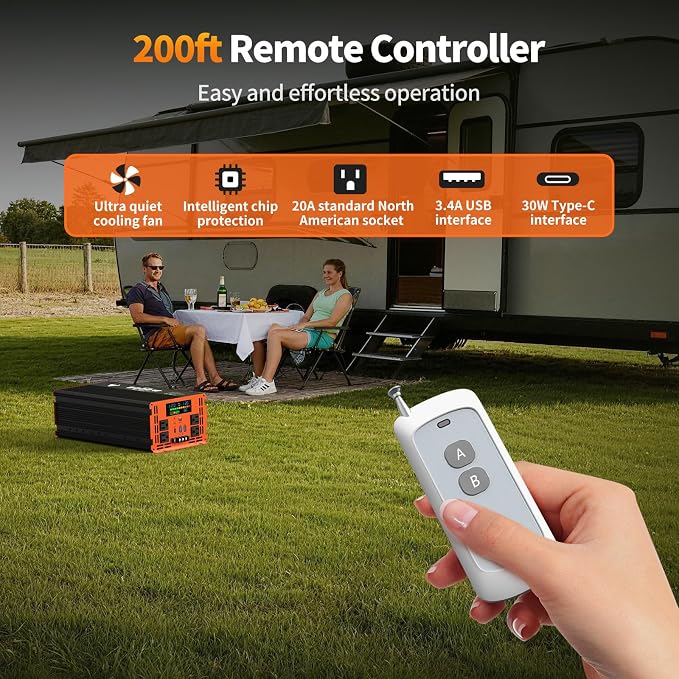 5000 Watt Power Inverter 12V DC to 120V/110V AC for Vehicles RV, Truck, Solar, Home, Off-Grid Car Converter Surge 10000W with 4 AC Outlet, 2 USB-A Port, 200ft Remote Control and 3 AC Terminal Blocks