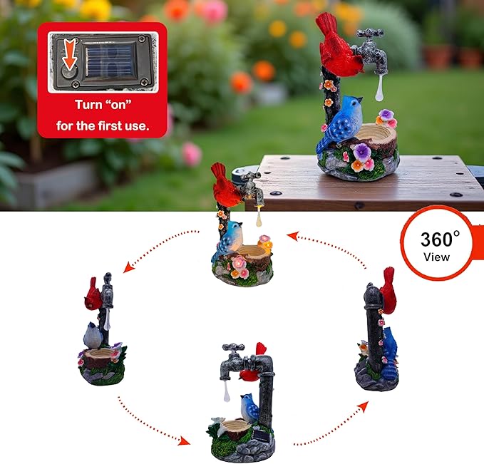 Solar Cardinal Birds Statue with Bird Feeder, 12″ Resin Garden Decor Color Changing Fountain Figurine Light Outdoor Waterproof, Bird Ornaments for Yard Patio Porch, Home Decor Easter Mom Gifts