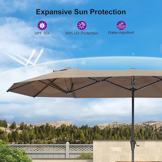 PURPLE LEAF 13ft Double-Sided Patio Umbrella with Base Included Market Rectangle Umbrella Outdoor Table Umbrella with Crank for Pool Garden Deck, Taupe