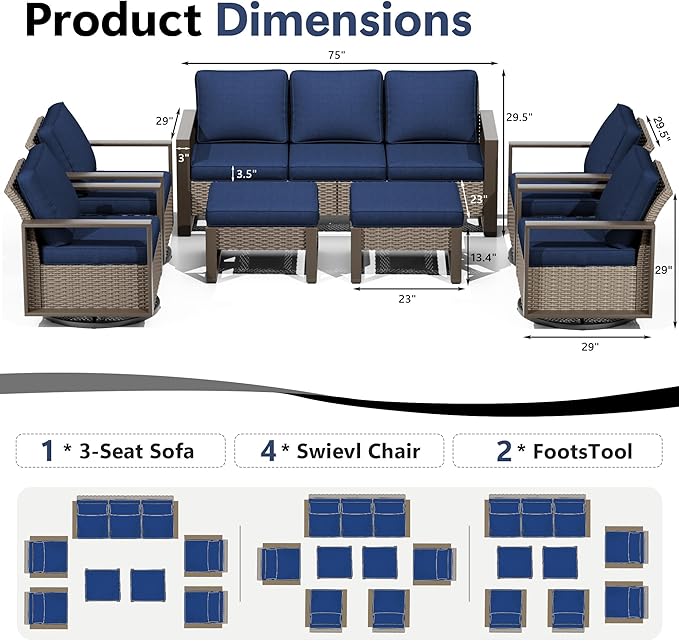 Outdoor Patio Furniture Set, 7 Piece Wicker Patio Conversation with Deep Seating, Thicken Cushions, Outdoor Swivel Rocker Patio Chairs, Metal Outdoor Furniture for Deck, Porch, Yard Use