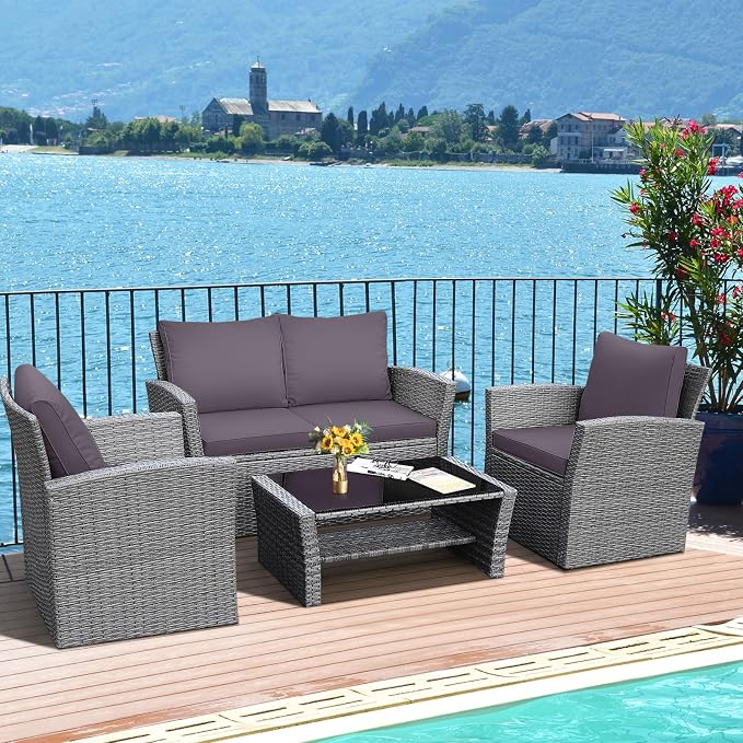 HAPPYGRILL 4PCS Patio Rattan Furniture Set Outdoor Conversation Set with Cushions and Coffee Table, Sectional Wicker Sofa Set for Garden Porch Balcony Poolside
