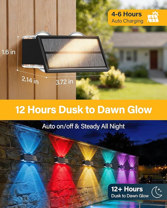 Solar Fence Lights Outdoor, 10 Pack 100LM Fence Lights Solar Powered Waterproof, 9 Color Modes, Up & Down LED Focused Beam, 12H Dusk to Dawn Glow for Pool/Patio/Wall/Backyard - Black