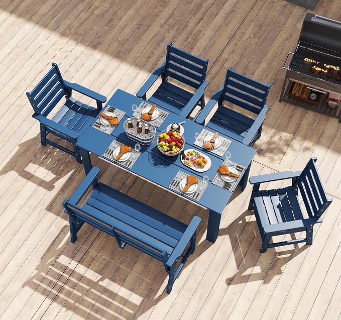 BRIOPAWS Outdoor-Dining-Table-Set | 6 Piece | HDPE | 1 Bench and 4 Chairs Sets for 6 | Patio Dinner Furniture | All Weather | Umbrella Hole | for Poolside Deck Backyard Outdoors | Blue