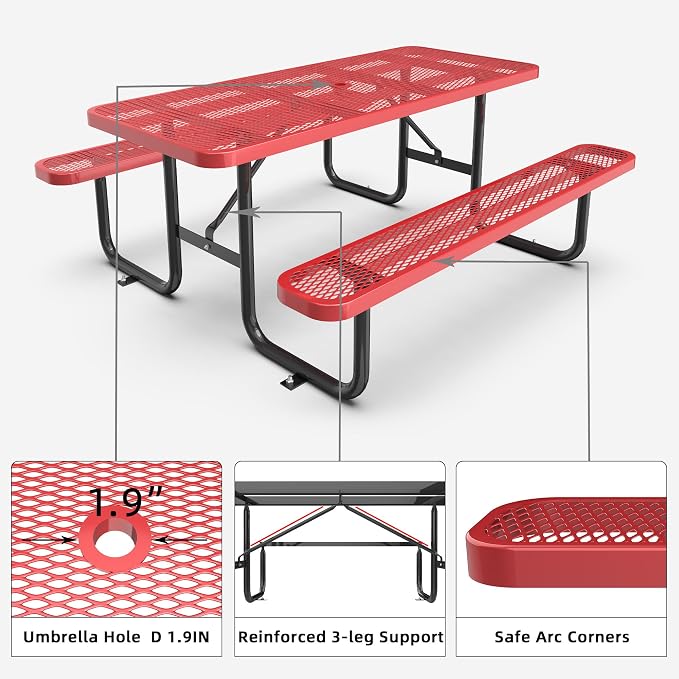 KEIKI 72" Heavy-Duty Metal Picnic Table with Benches, Commercial Outdoor Steel Table with 2.12" Umbrella Hole, 2.5mm Mesh Top, Rust-Resistant Coating, Patio Backyard Park Dining Furniture, Red