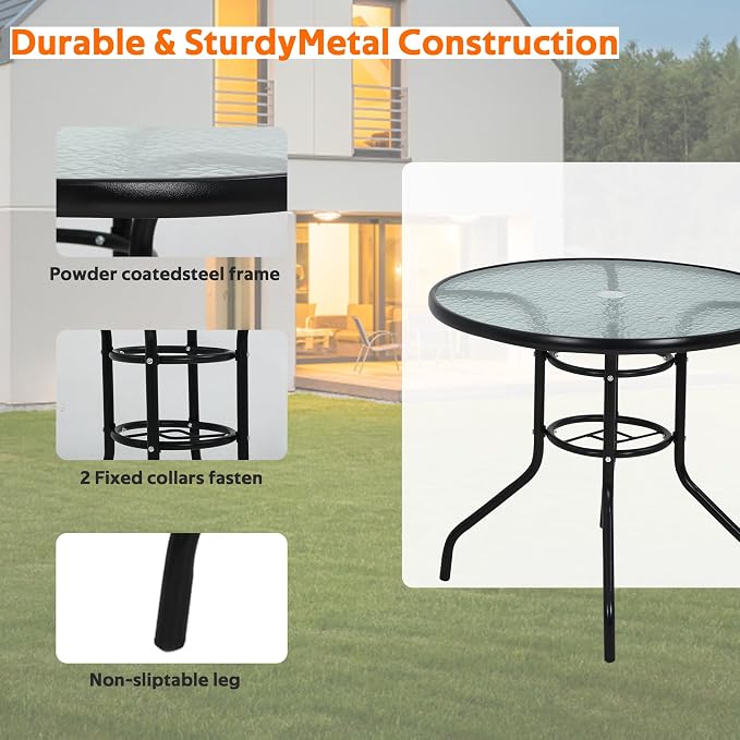Round Patio Table with Umbrella Hole, Patio Dining Table Glass Patio Table, Glass Metal Table Dining Furniture for Lawn Balcony, Yard(Round)