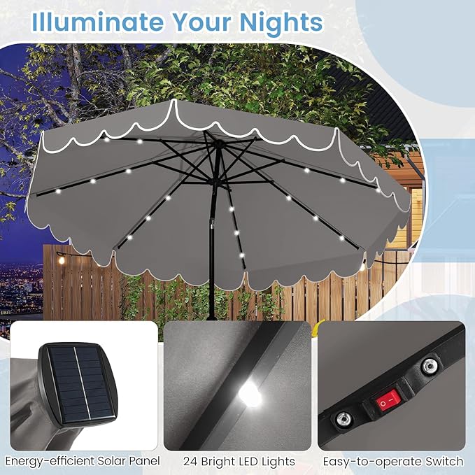 HAPPYGRILL 10 FT Patio Umbrella with Solar Lights, Market Sunshade with Ruffles, Vented Top, Tilt Adjustment & Built-in Crank, Outdoor Parasol Canopy for Backyard Poolside Deck Beach Lawn