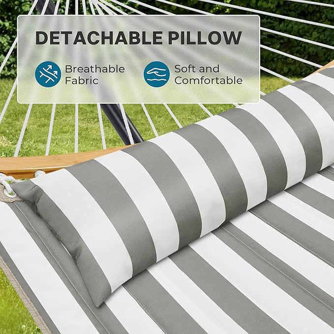 SUPERJARE Curved-Bar Hammock with Stand, 2 Person Heavy Duty Hammock Frame, Detachable Pillow & Portable Carrying Bag, Perfect for Outdoor & Indoor, Black and White Stripe