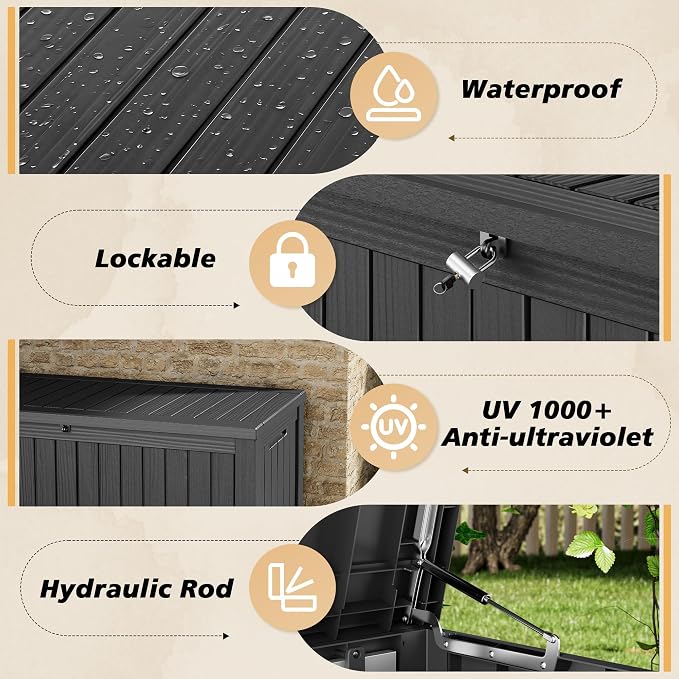 Fancyango 140 Gallon Outdoor Deck Box Waterproof, Large Storage Box for Patio, Resin Storage Bench Lockable for Garden Tools, Package Delivery, Black